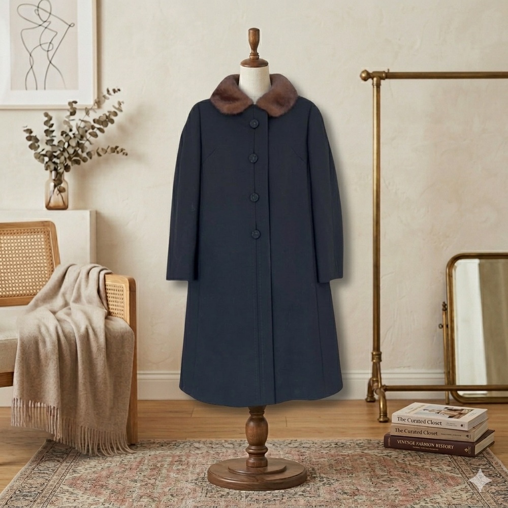 50s Delmod (W. Germany) Wool Overcoat, Genuine Ranch Mink/Collar Black A-Line, M - Picture 1 of 8